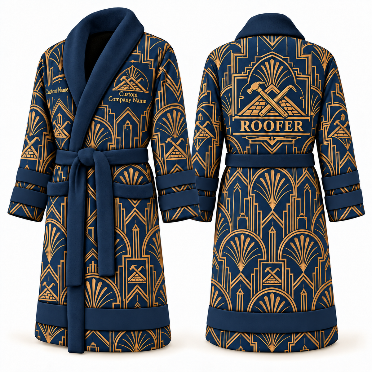 Personalized Roofer Bathrobe - Art Deco Craft blue front and back view