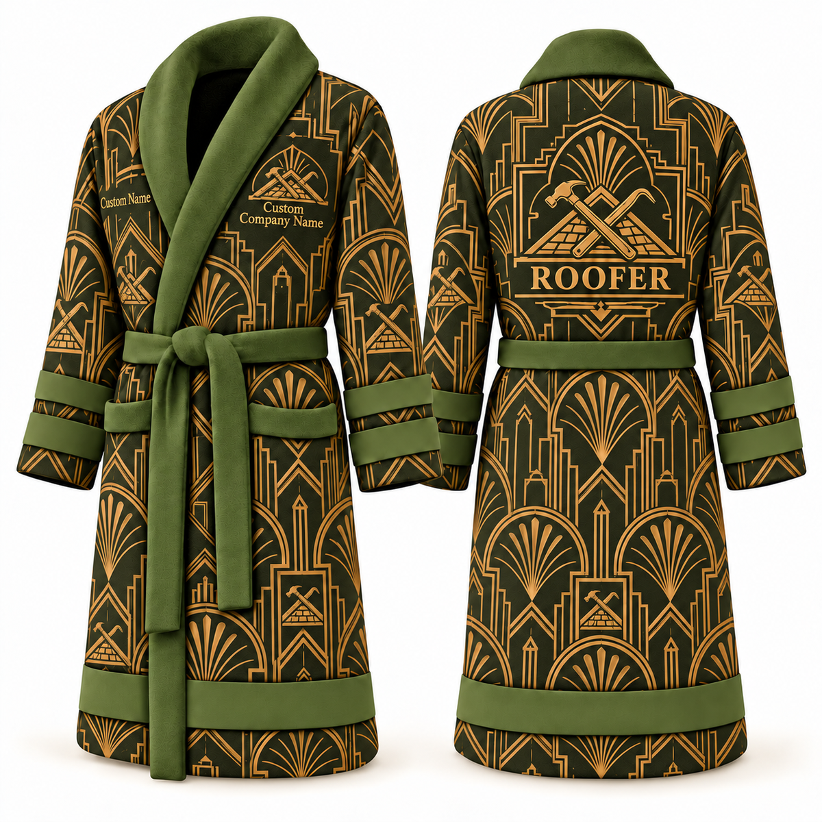 Personalized Roofer Bathrobe - Art Deco Craft olive front and back view