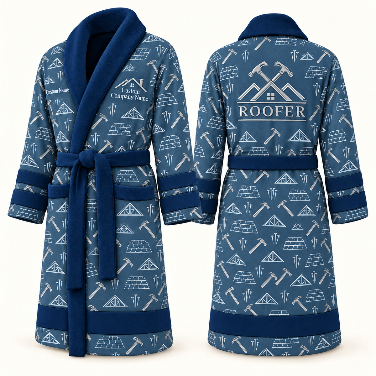 Personalized Roofer Bathrobe blue front and back