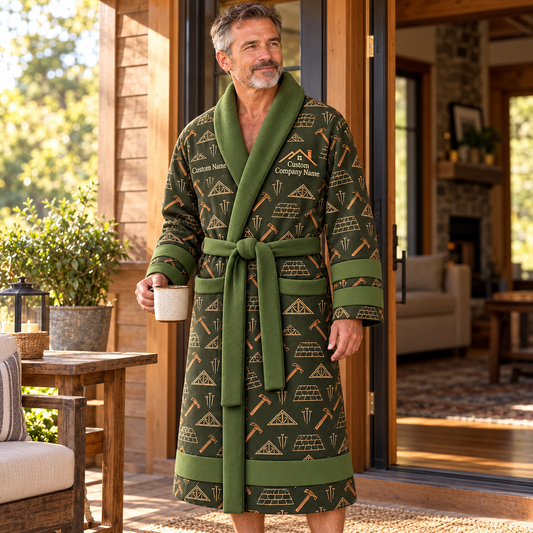 Personalized Roofer Bathrobe in Olive worn at home