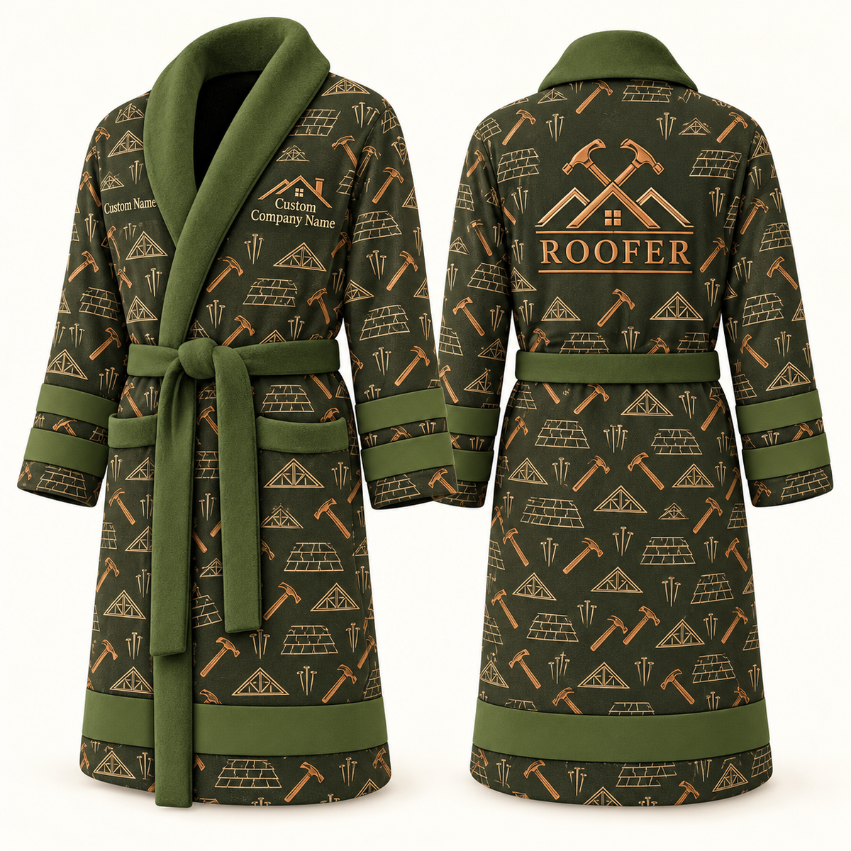 Personalized Roofer Bathrobe olive front and back