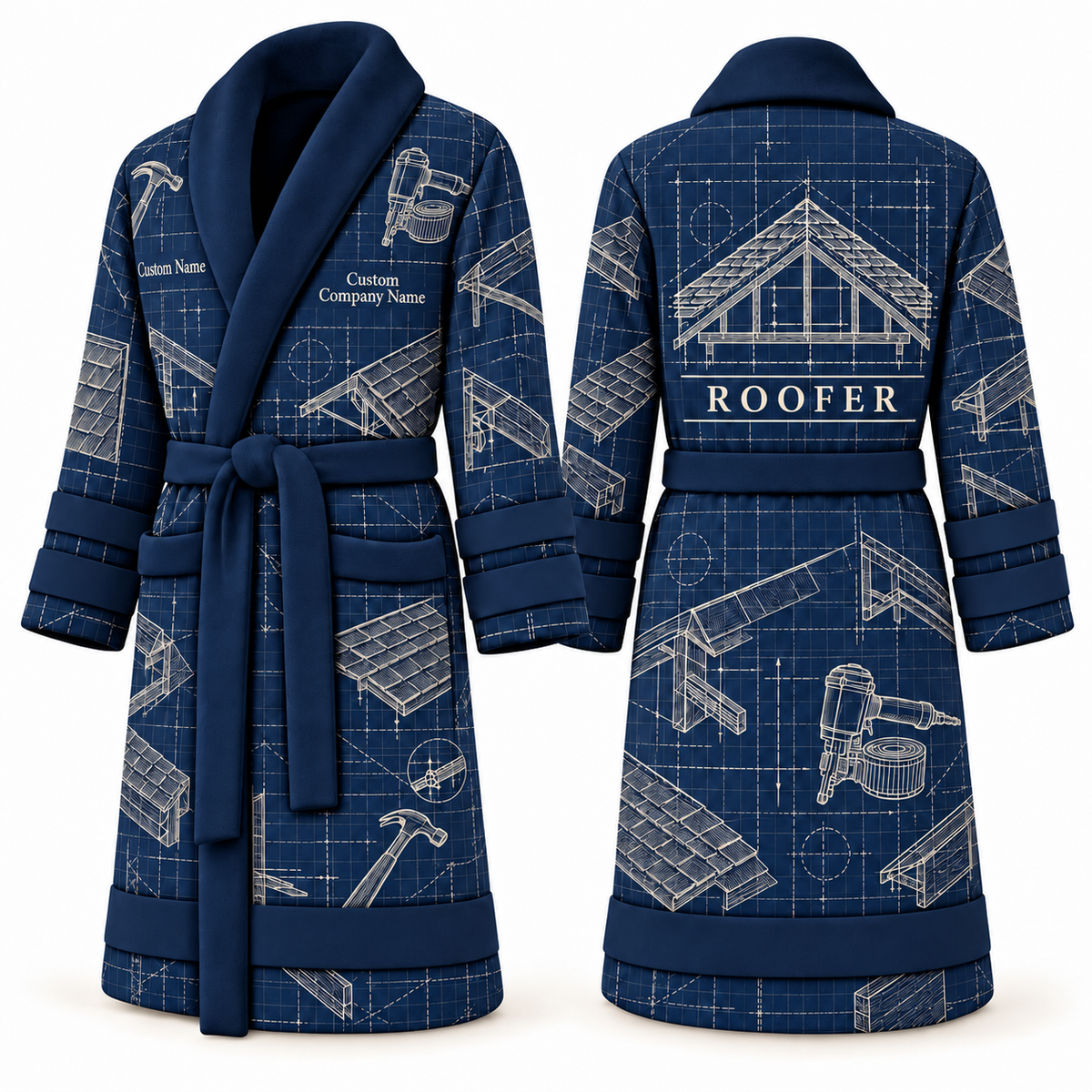 Personalized Roofer Bathrobe - Blueprint Workshop blue front and back view