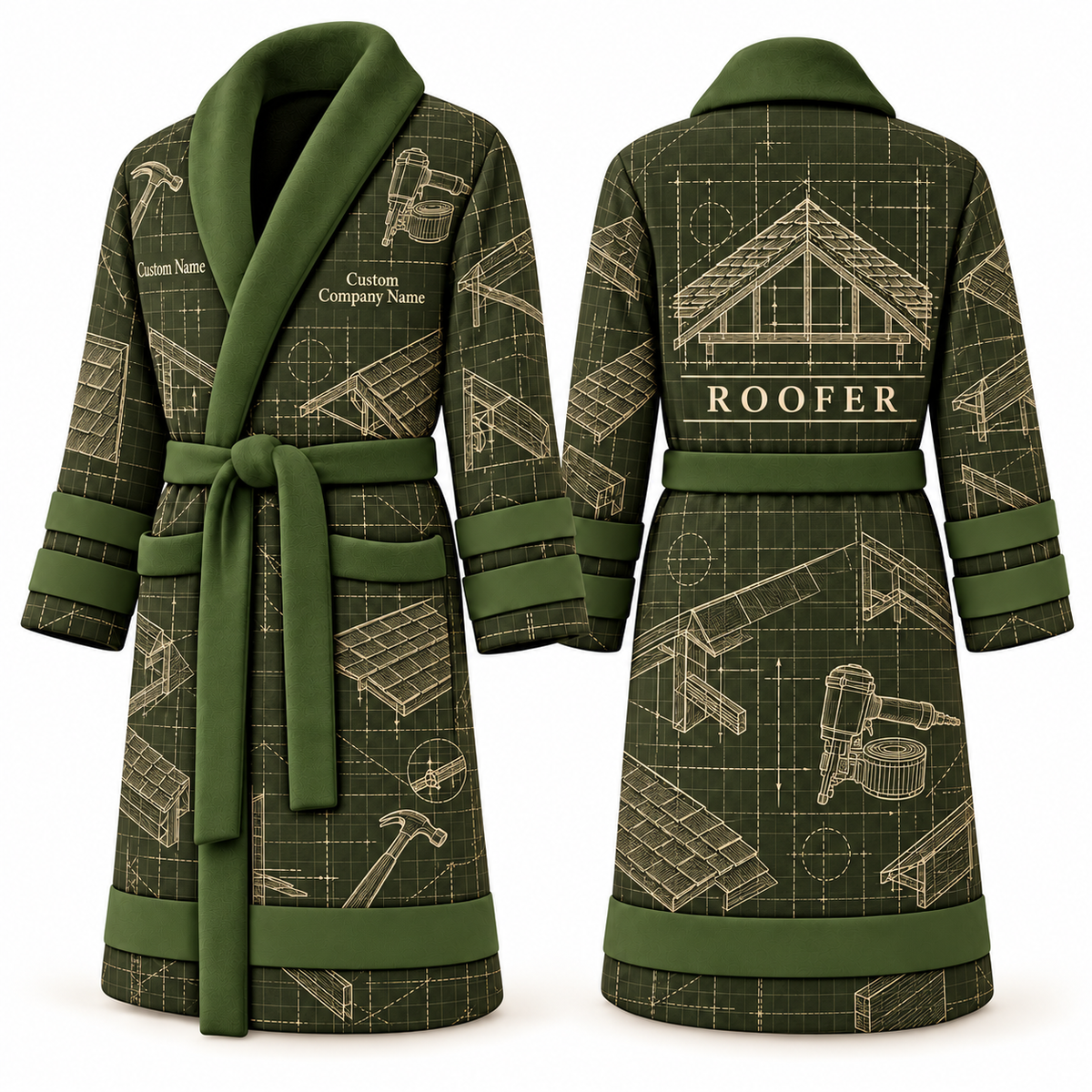 Personalized Roofer Bathrobe - Blueprint Workshop olive front and back view