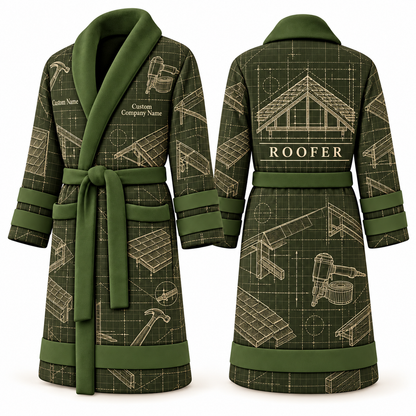 Personalized Roofer Bathrobe - Blueprint Workshop olive front and back view