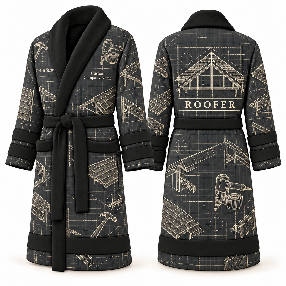 Personalized Roofer Bathrobe - Blueprint Workshop slate front and back view