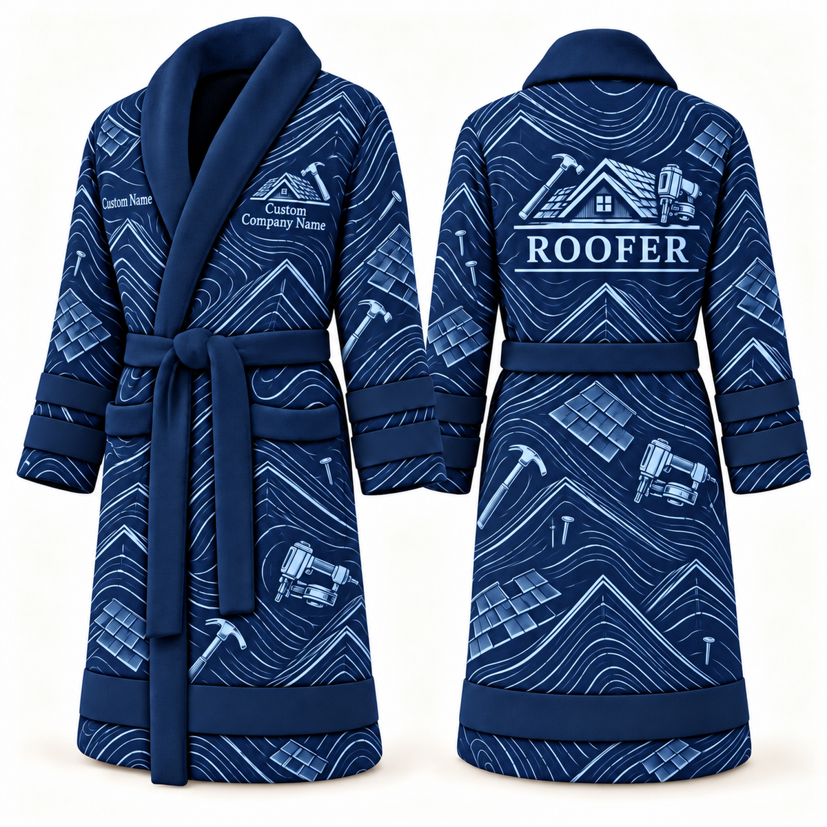 Personalized Roofer Bathrobe - Contour Lines blue front and back view