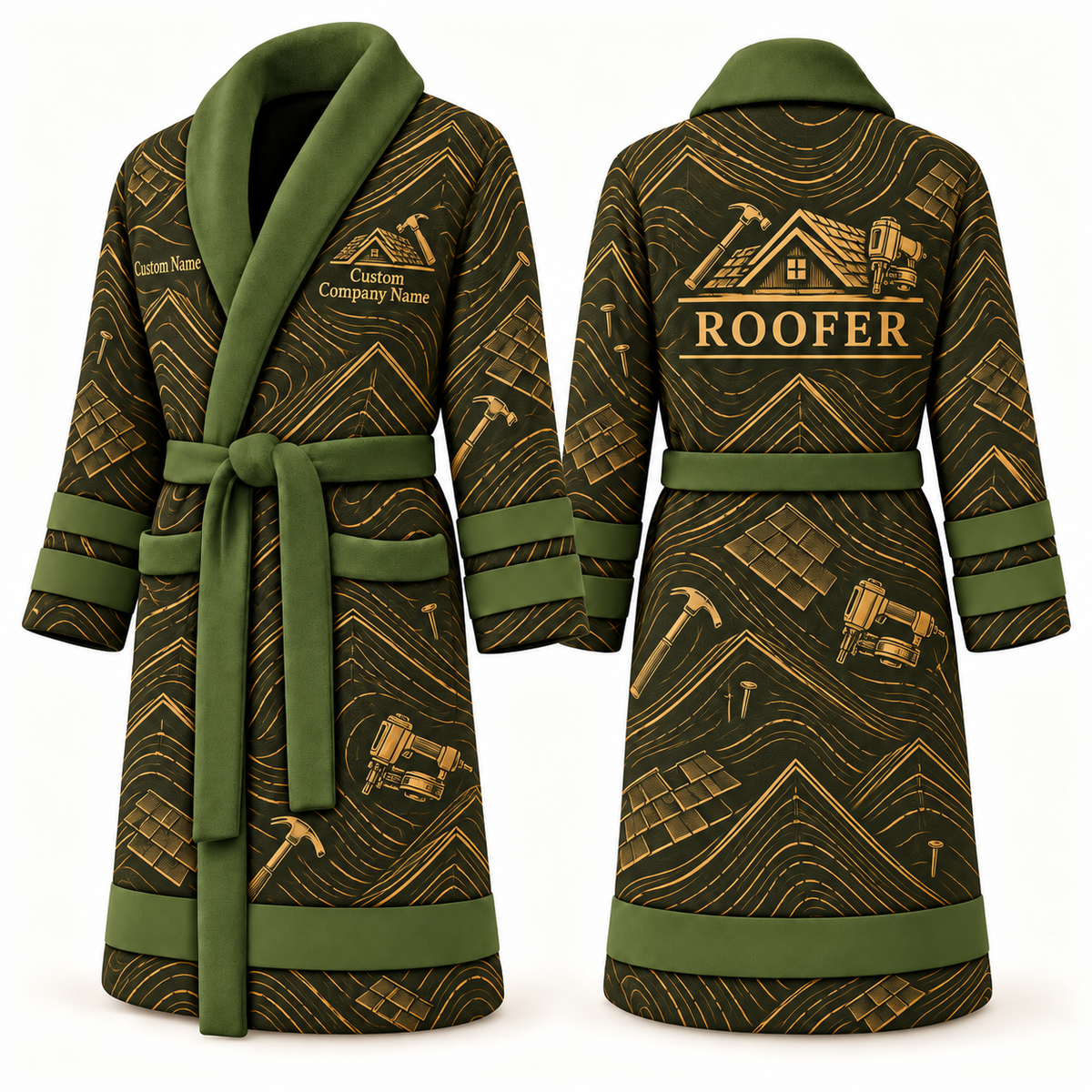 Personalized Roofer Bathrobe - Contour Lines olive front and back view