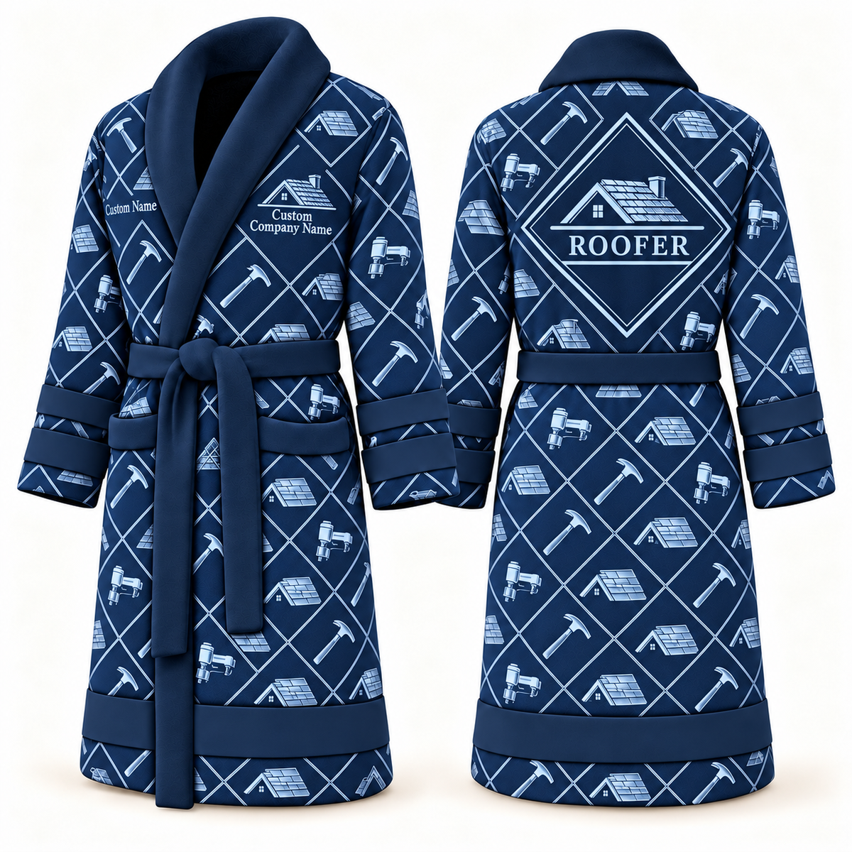 Personalized Roofer Bathrobe - Diamond Emblems blue front and back view
