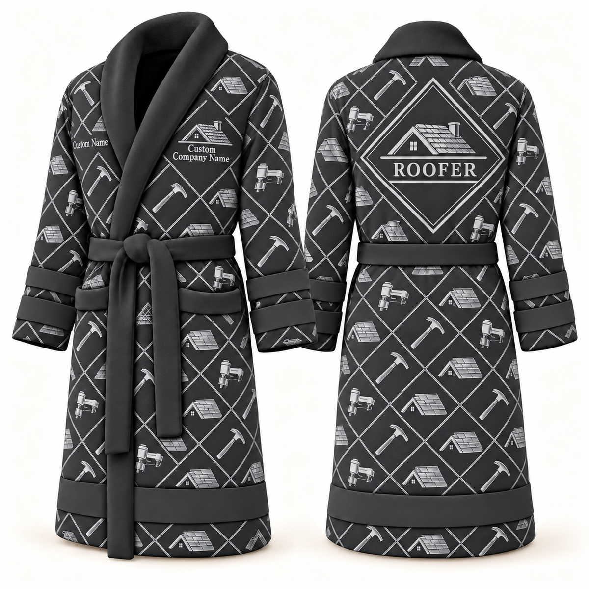 Personalized Roofer Bathrobe - Diamond Emblems slate front and back view