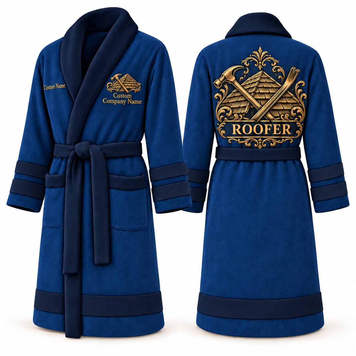 Personalized Roofer Bathrobe - Heritage Crest blue front and back view