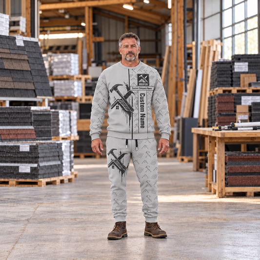 roofer occupation-themed sweater and jogger combo on a model with name and company artwork