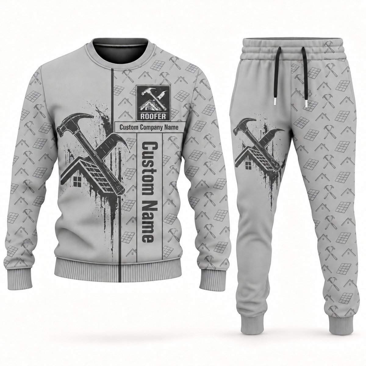 roofer occupation-themed sweater and jogger combo lightgray color with name and company artwork