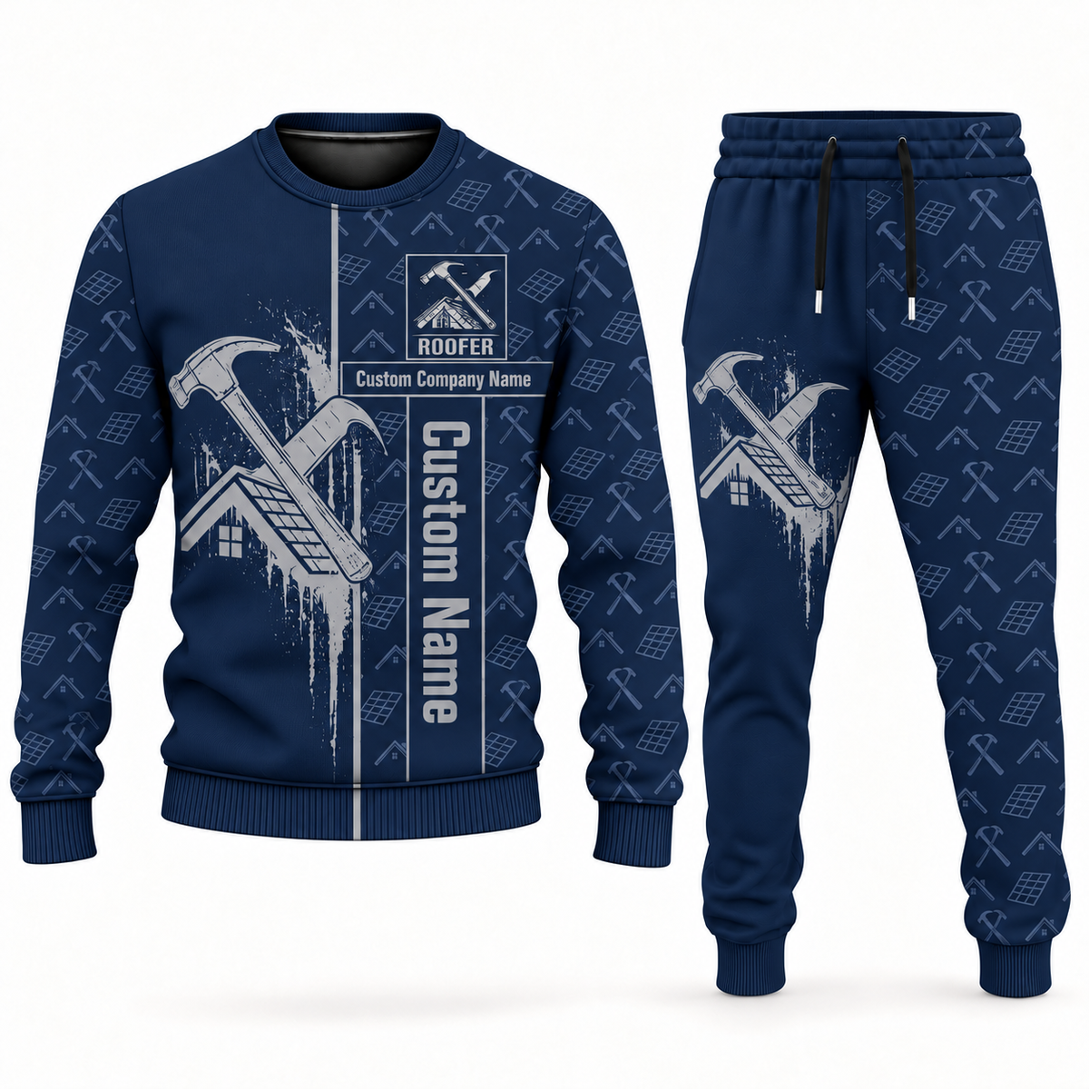 roofer occupation-themed sweater and jogger combo navy color with name and company artwork