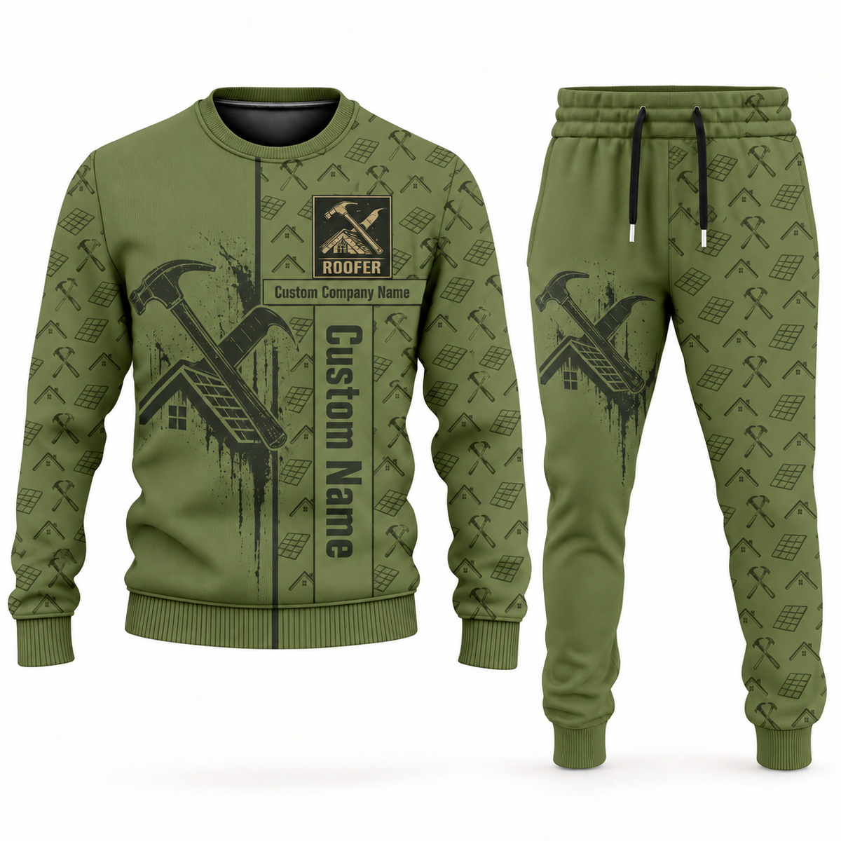 roofer occupation-themed sweater and jogger combo olive color with name and company artwork