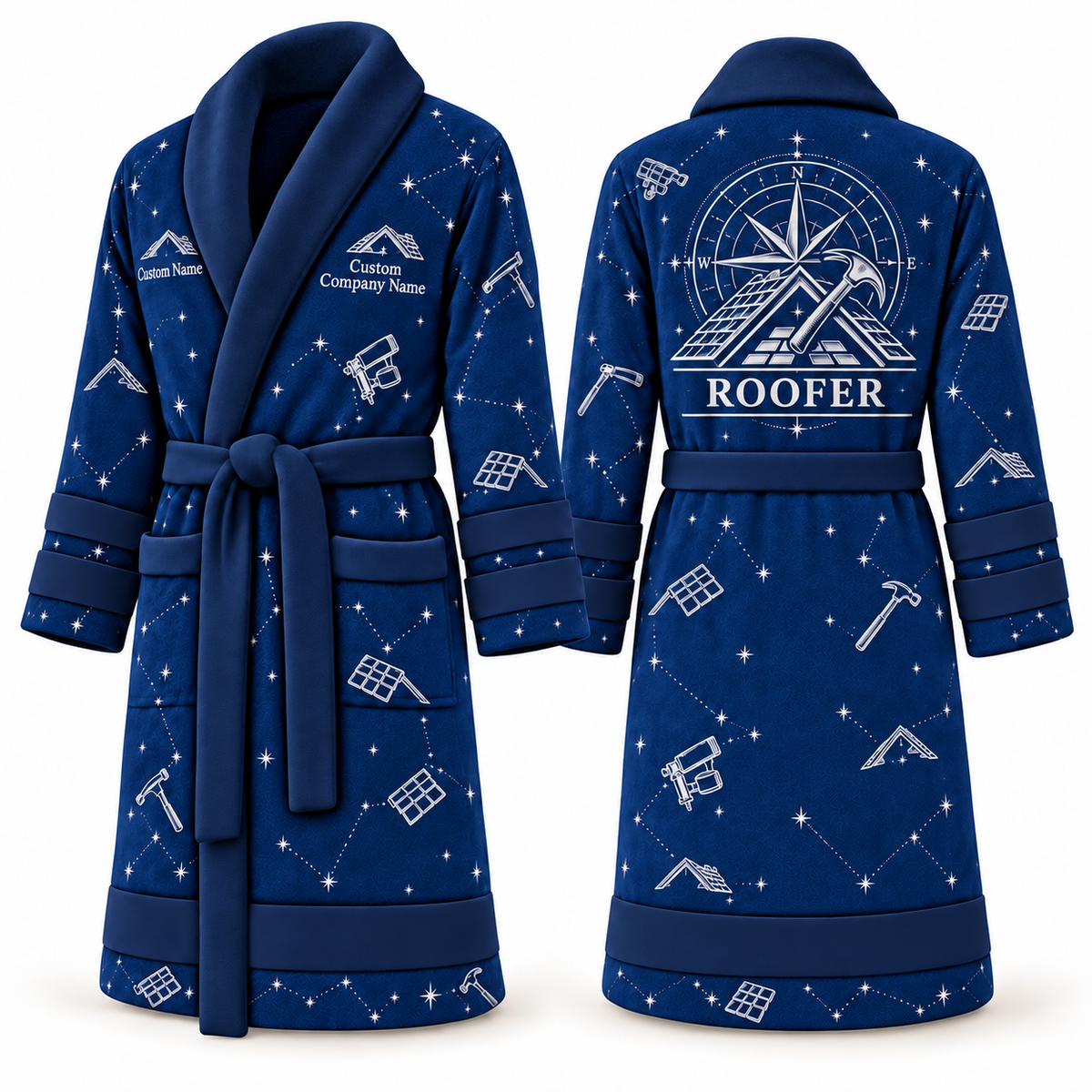 Personalized Roofer Bathrobe - Night Shift blue front and back view