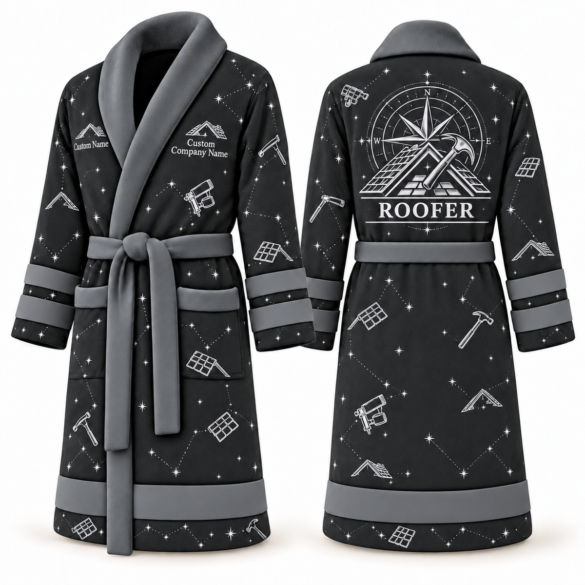 Personalized Roofer Bathrobe - Night Shift slate front and back view