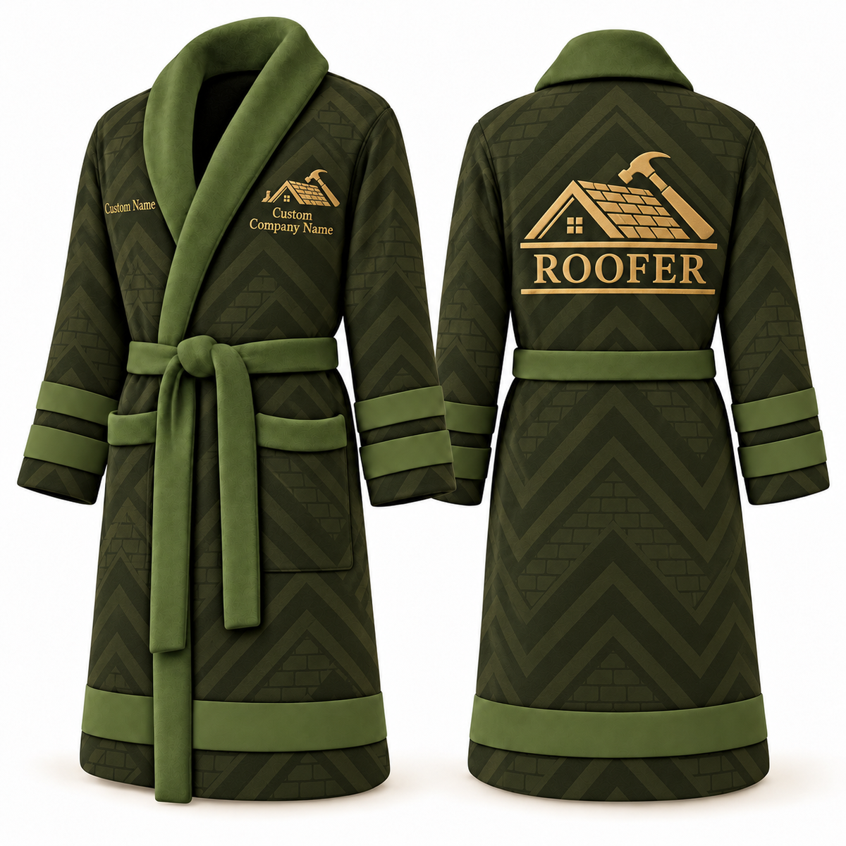 Personalized Roofer Bathrobe - Signature Silhouette olive front and back view