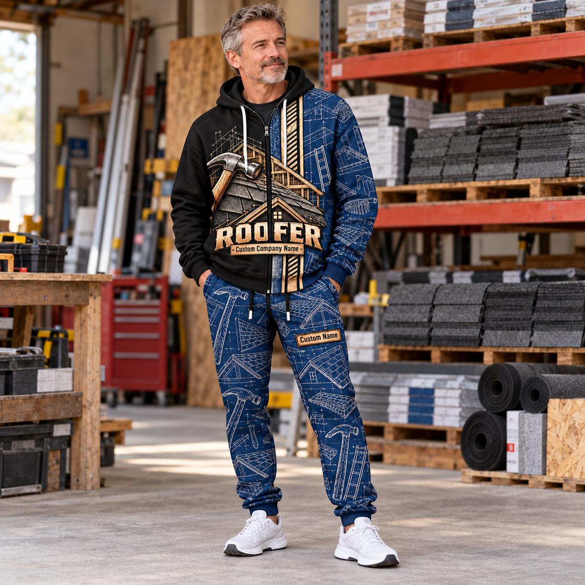 roofer full-zip hoodie and matching joggers - adult male lifestyle