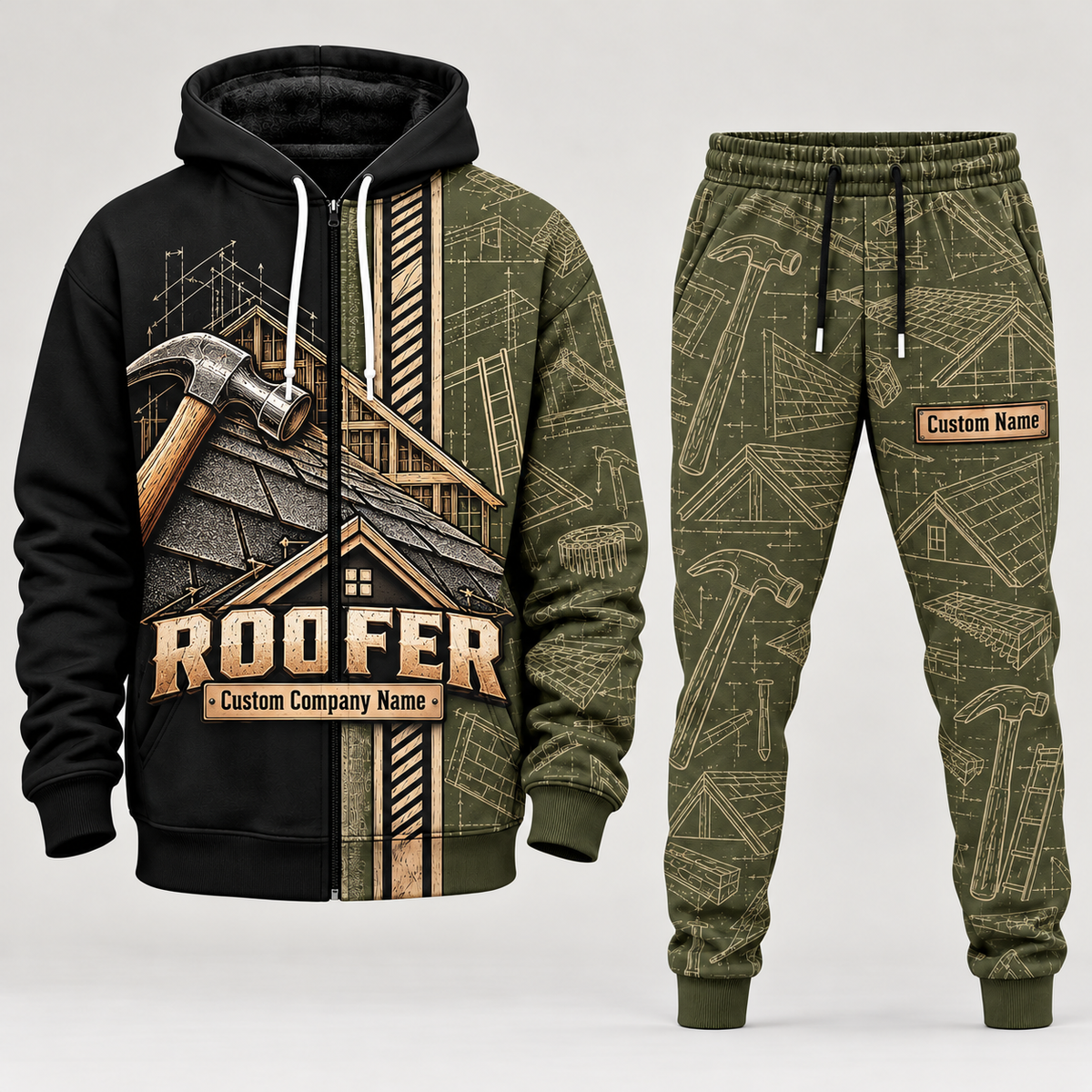 roofer full-zip hoodie and matching joggers - olive catalog view