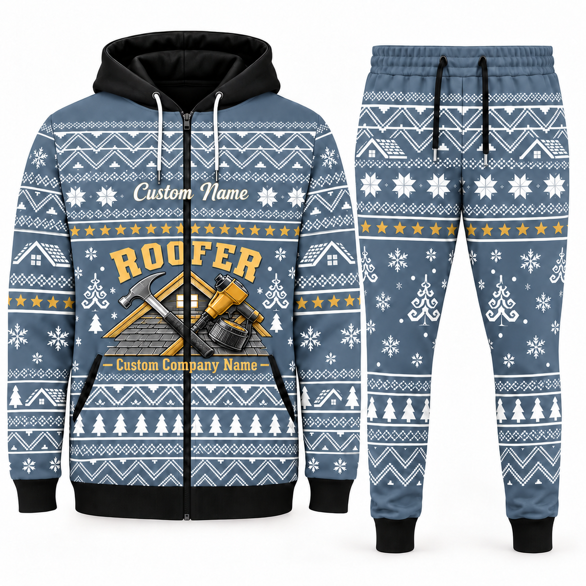 Roofer blue-gray Winter Snowflake full-zip hoodie and jogger combo with Custom Name and Custom Company Name
