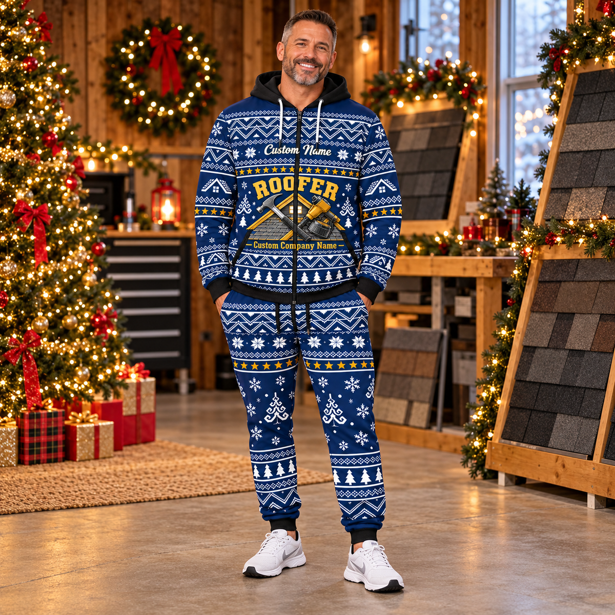 Roofer adult male lifestyle wearing navy Winter Snowflake full-zip hoodie and jogger combo with Custom Name and Custom Company Name