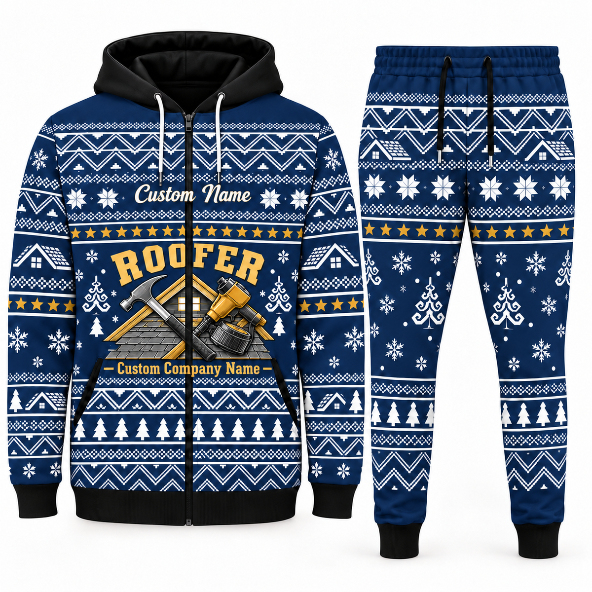 Roofer navy Winter Snowflake full-zip hoodie and jogger combo with Custom Name and Custom Company Name