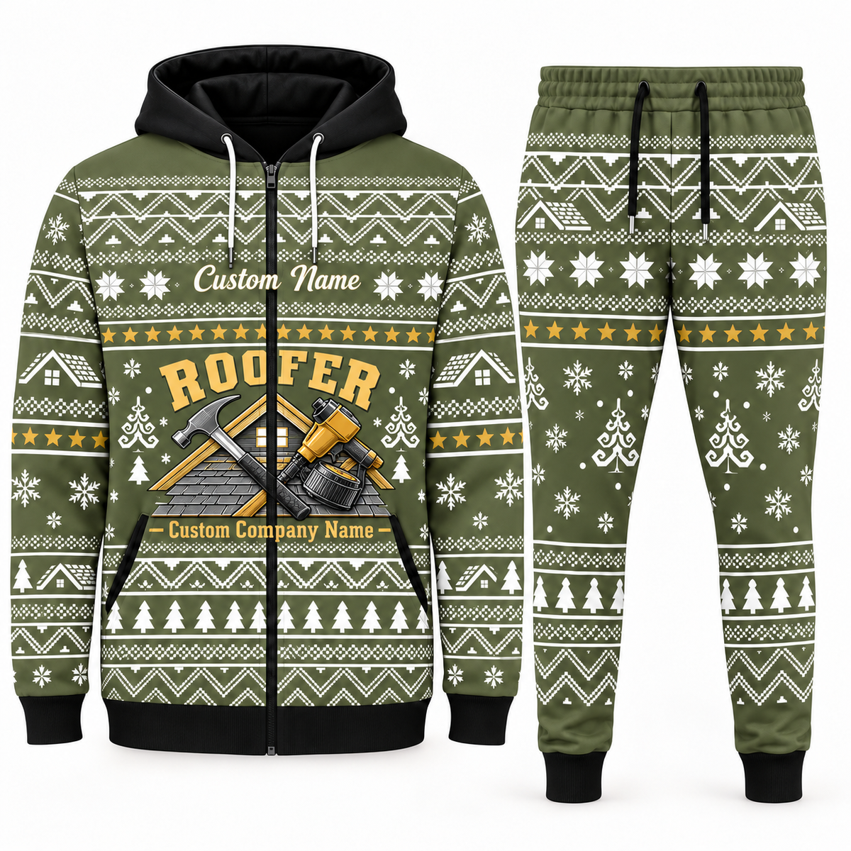 Roofer olive Winter Snowflake full-zip hoodie and jogger combo with Custom Name and Custom Company Name