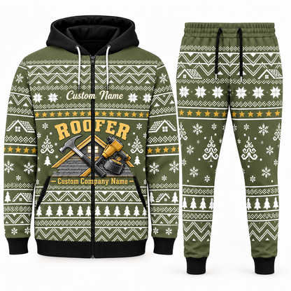 Roofer olive Winter Snowflake full-zip hoodie and jogger combo with Custom Name and Custom Company Name
