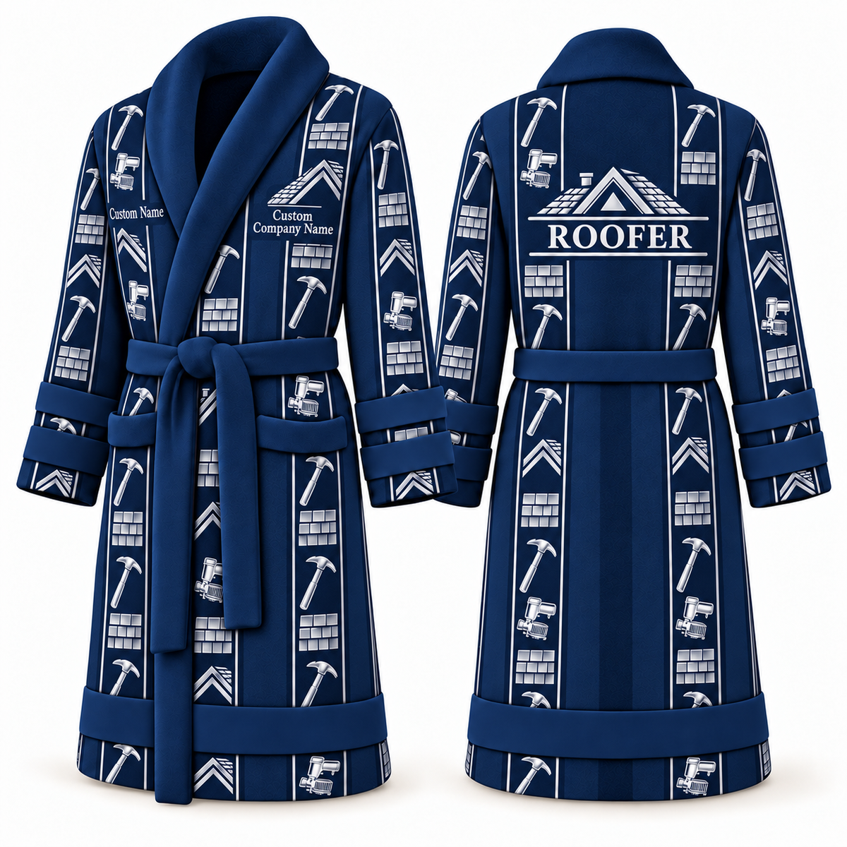 Personalized Roofer Bathrobe - Workbench Stripes blue front and back view