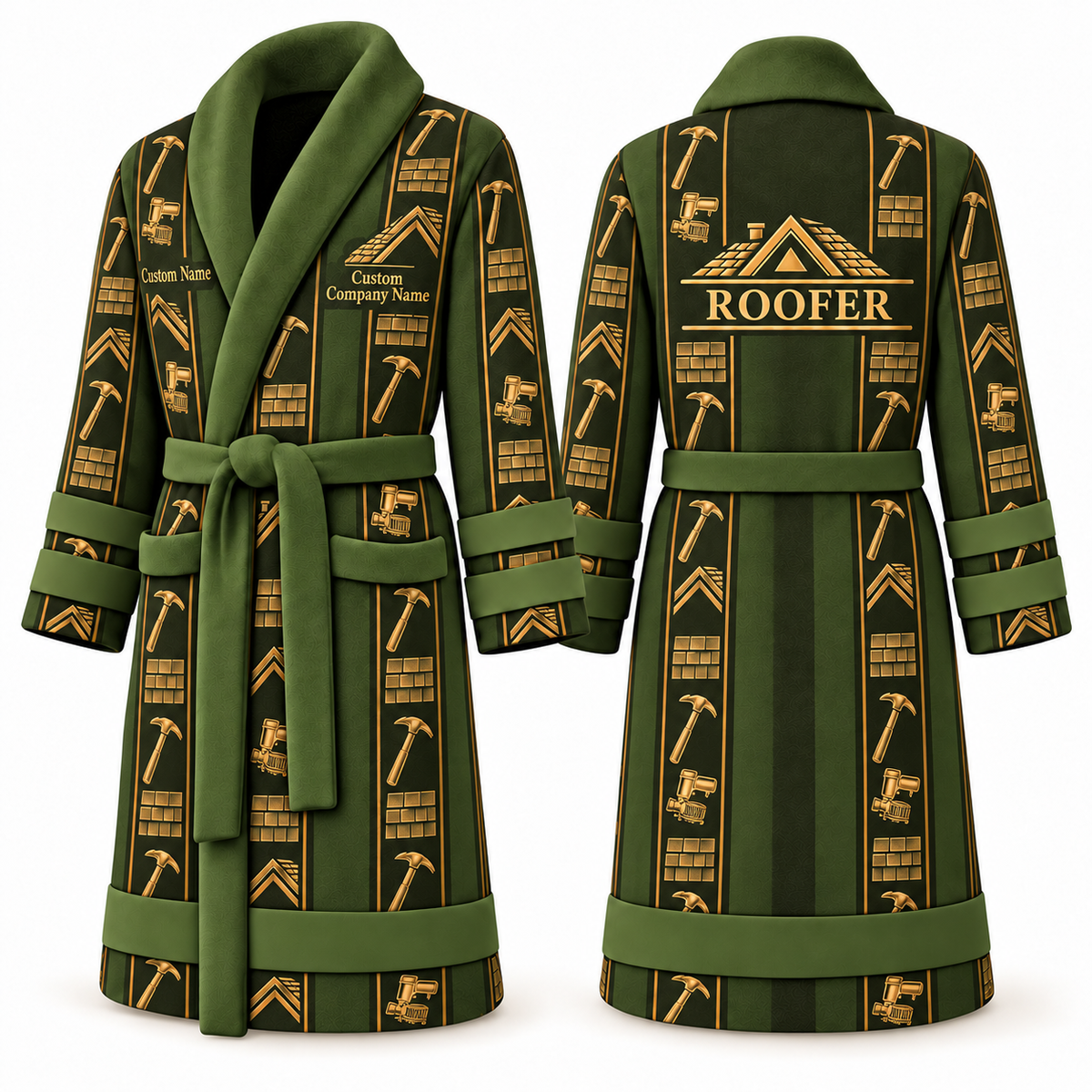 Personalized Roofer Bathrobe - Workbench Stripes olive front and back view