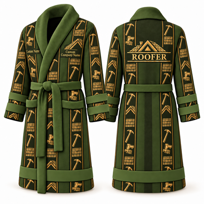 Personalized Roofer Bathrobe - Workbench Stripes olive front and back view