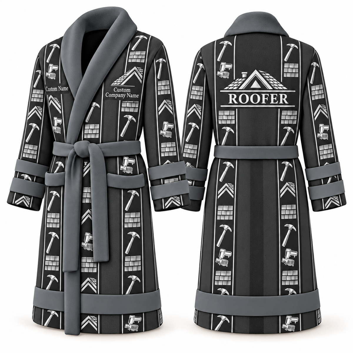 Personalized Roofer Bathrobe - Workbench Stripes slate front and back view