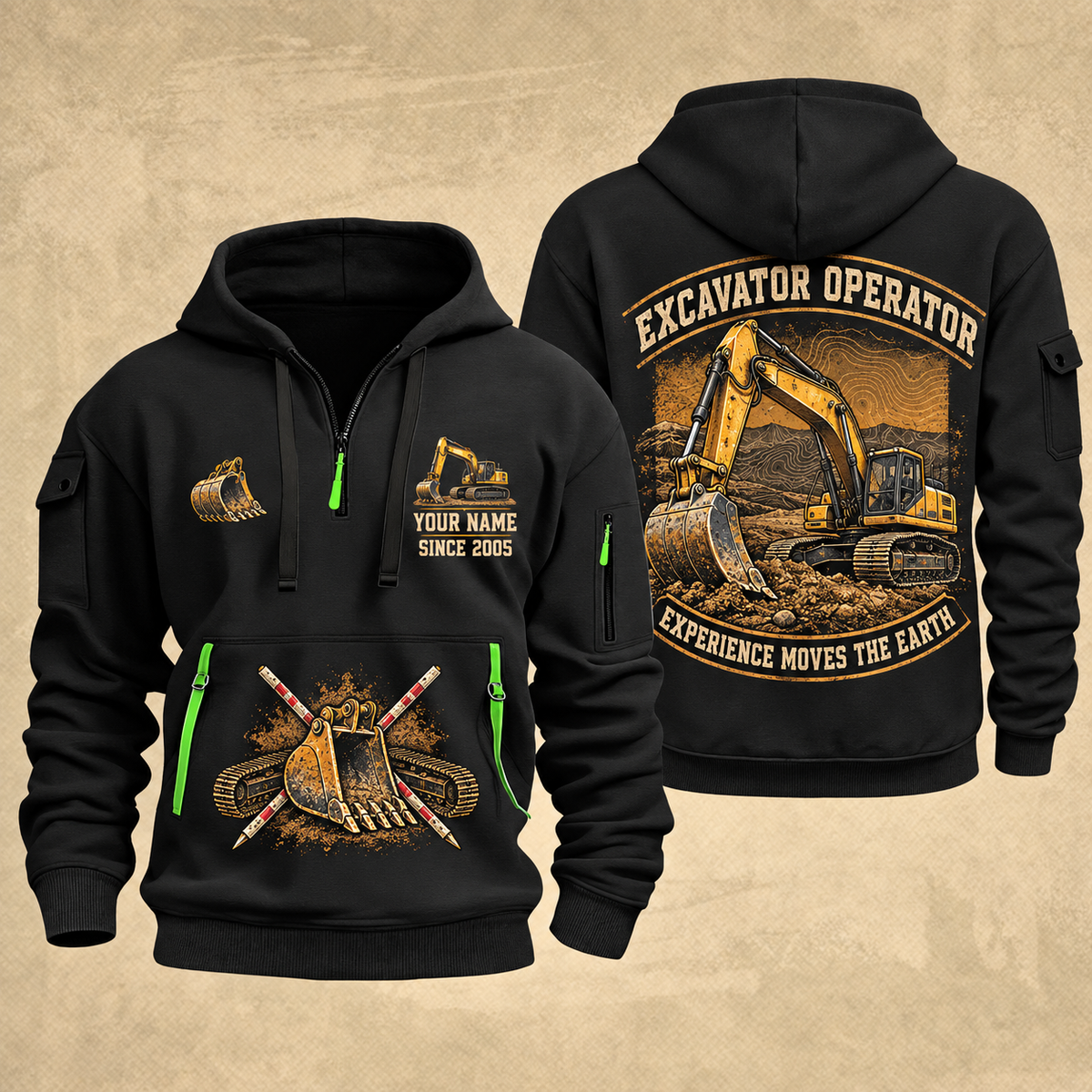 Excavator Operator Earthmover Heritage quarter-zip hoodie in Black, front and back, YOUR NAME and SINCE 2005 artwork