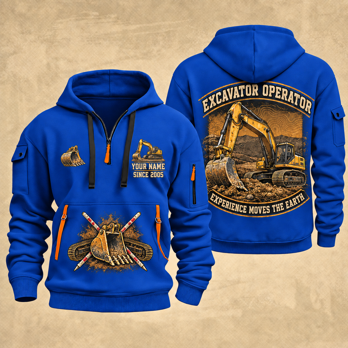 Excavator Operator Earthmover Heritage quarter-zip hoodie in Blue, front and back, YOUR NAME and SINCE 2005 artwork