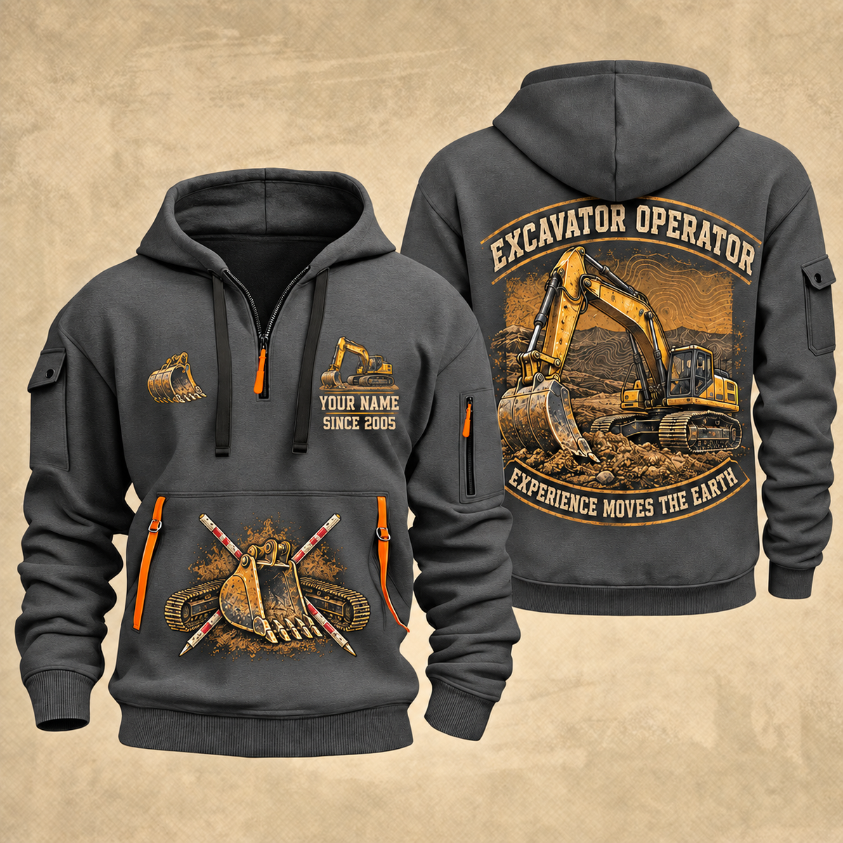Excavator Operator Earthmover Heritage quarter-zip hoodie in Gray, front and back, YOUR NAME and SINCE 2005 artwork