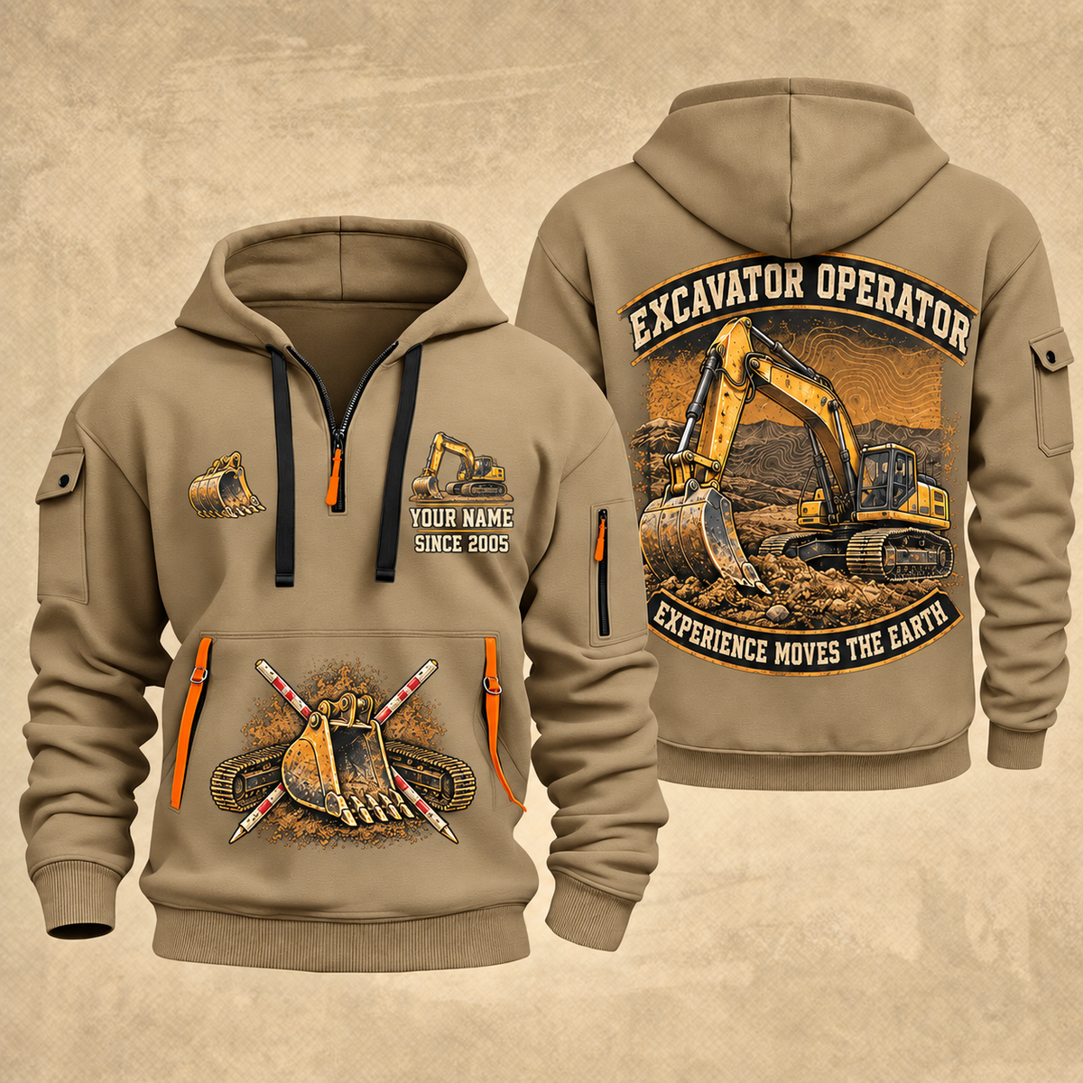 Excavator Operator Earthmover Heritage quarter-zip hoodie in Khaki, front and back, YOUR NAME and SINCE 2005 artwork