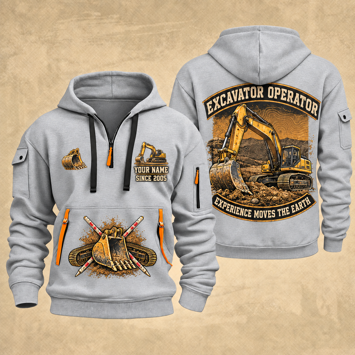 Excavator Operator Earthmover Heritage quarter-zip hoodie in Light Grey, front and back, YOUR NAME and SINCE 2005 artwork