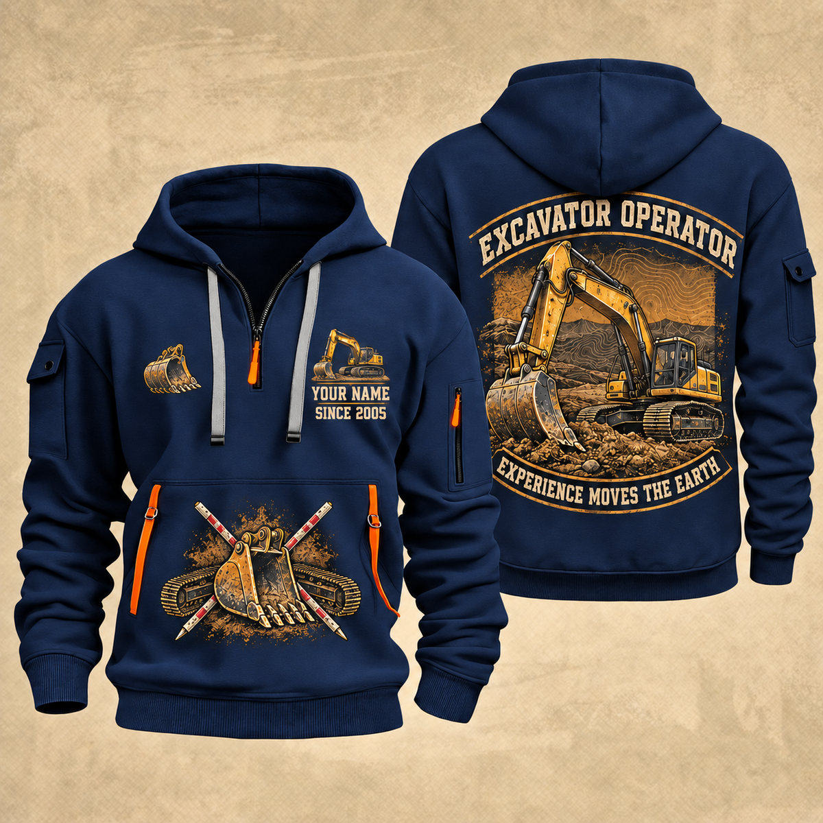 Excavator Operator Earthmover Heritage quarter-zip hoodie in Navy, front and back, YOUR NAME and SINCE 2005 artwork