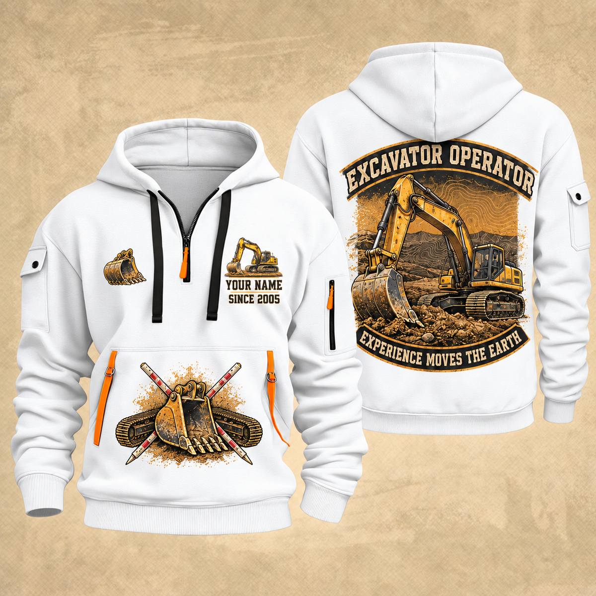 Excavator Operator Earthmover Heritage quarter-zip hoodie in White, front and back, YOUR NAME and SINCE 2005 artwork
