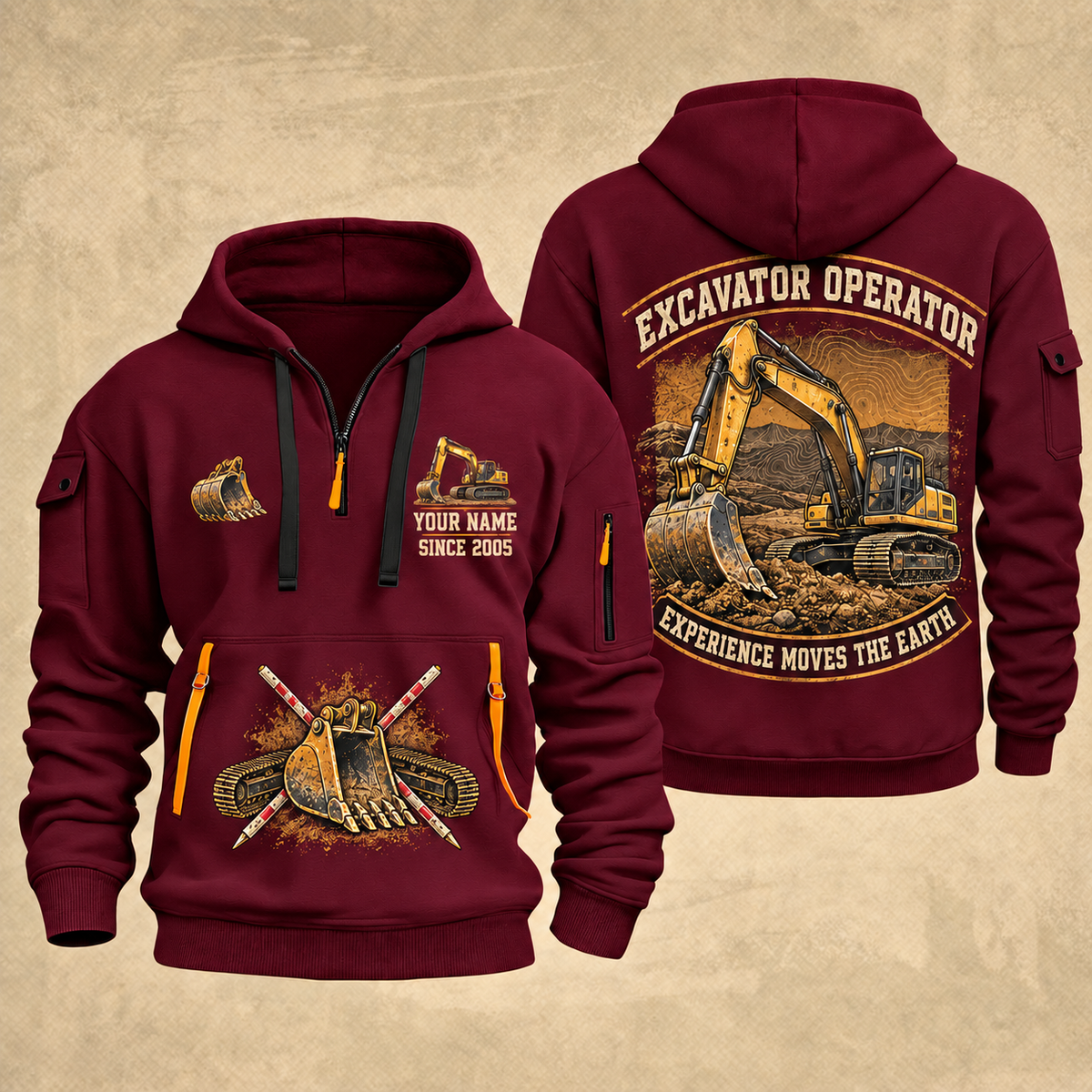 Excavator Operator Earthmover Heritage quarter-zip hoodie in Wine Red, front and back, YOUR NAME and SINCE 2005 artwork