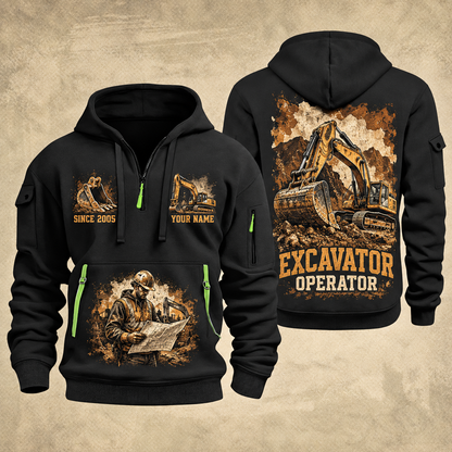 Excavator Operator Cut and Grade quarter-zip hoodie in Black, front and back, YOUR NAME and SINCE 2005 artwork