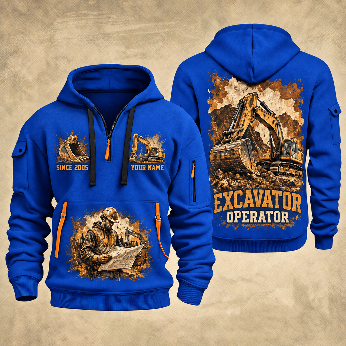 Excavator Operator Cut and Grade quarter-zip hoodie in Blue, front and back, YOUR NAME and SINCE 2005 artwork