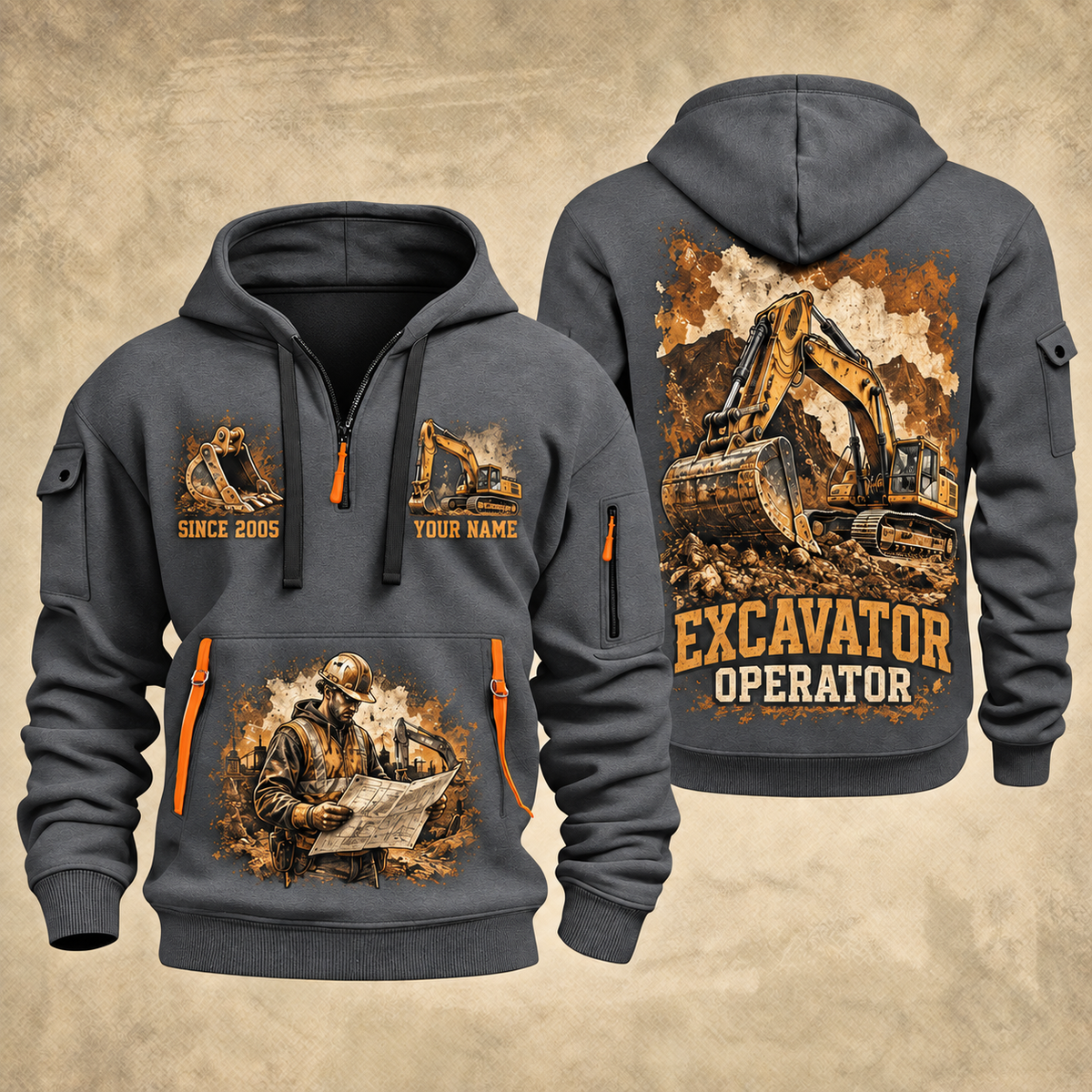 Excavator Operator Cut and Grade quarter-zip hoodie in Gray, front and back, YOUR NAME and SINCE 2005 artwork