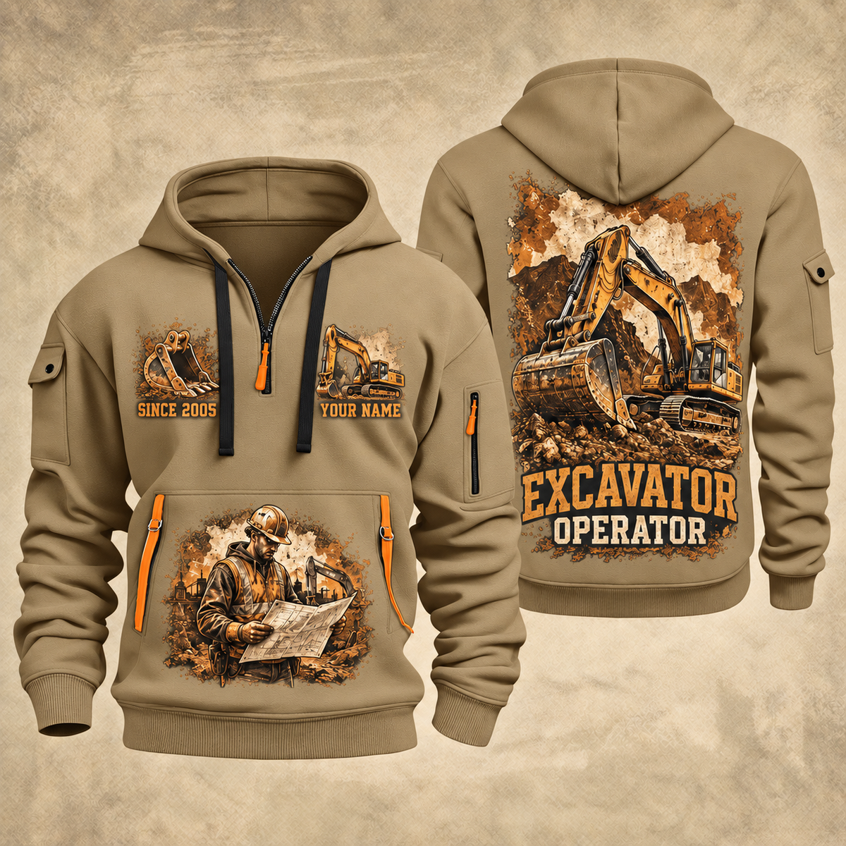 Excavator Operator Cut and Grade quarter-zip hoodie in Khaki, front and back, YOUR NAME and SINCE 2005 artwork