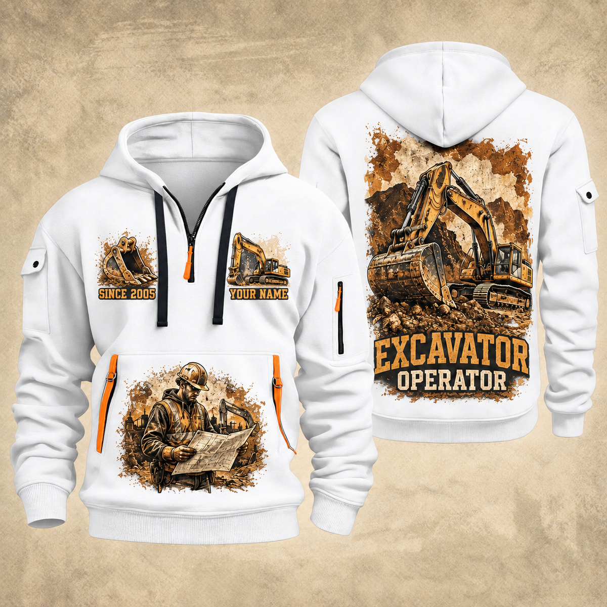 Excavator Operator Cut and Grade quarter-zip hoodie in White, front and back, YOUR NAME and SINCE 2005 artwork
