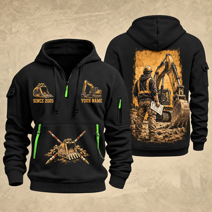 Excavator Operator Groundwork Portrait quarter-zip hoodie in Black, front and back, YOUR NAME and SINCE 2005 artwork
