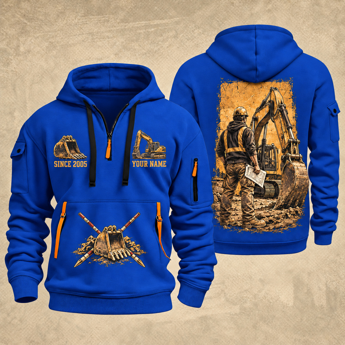 Excavator Operator Groundwork Portrait quarter-zip hoodie in Blue, front and back, YOUR NAME and SINCE 2005 artwork