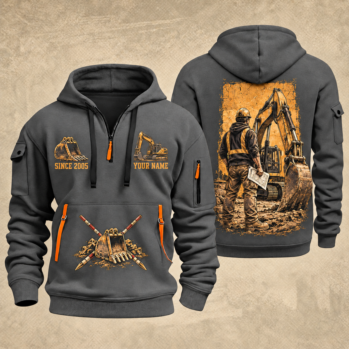 Excavator Operator Groundwork Portrait quarter-zip hoodie in Gray, front and back, YOUR NAME and SINCE 2005 artwork