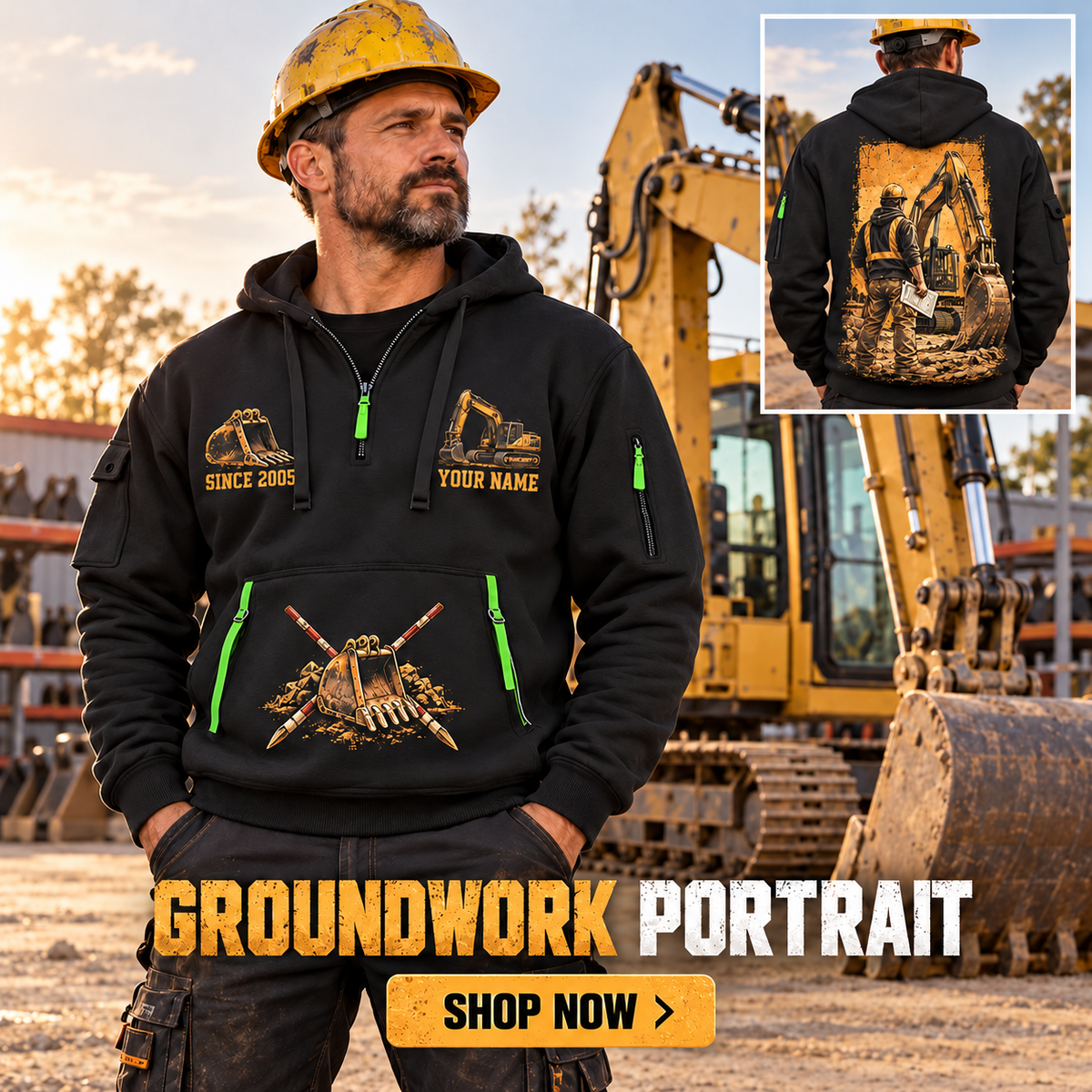 Excavator Operator wearing Groundwork Portrait quarter-zip hoodie in their workplace; product introduction and shopping call to action