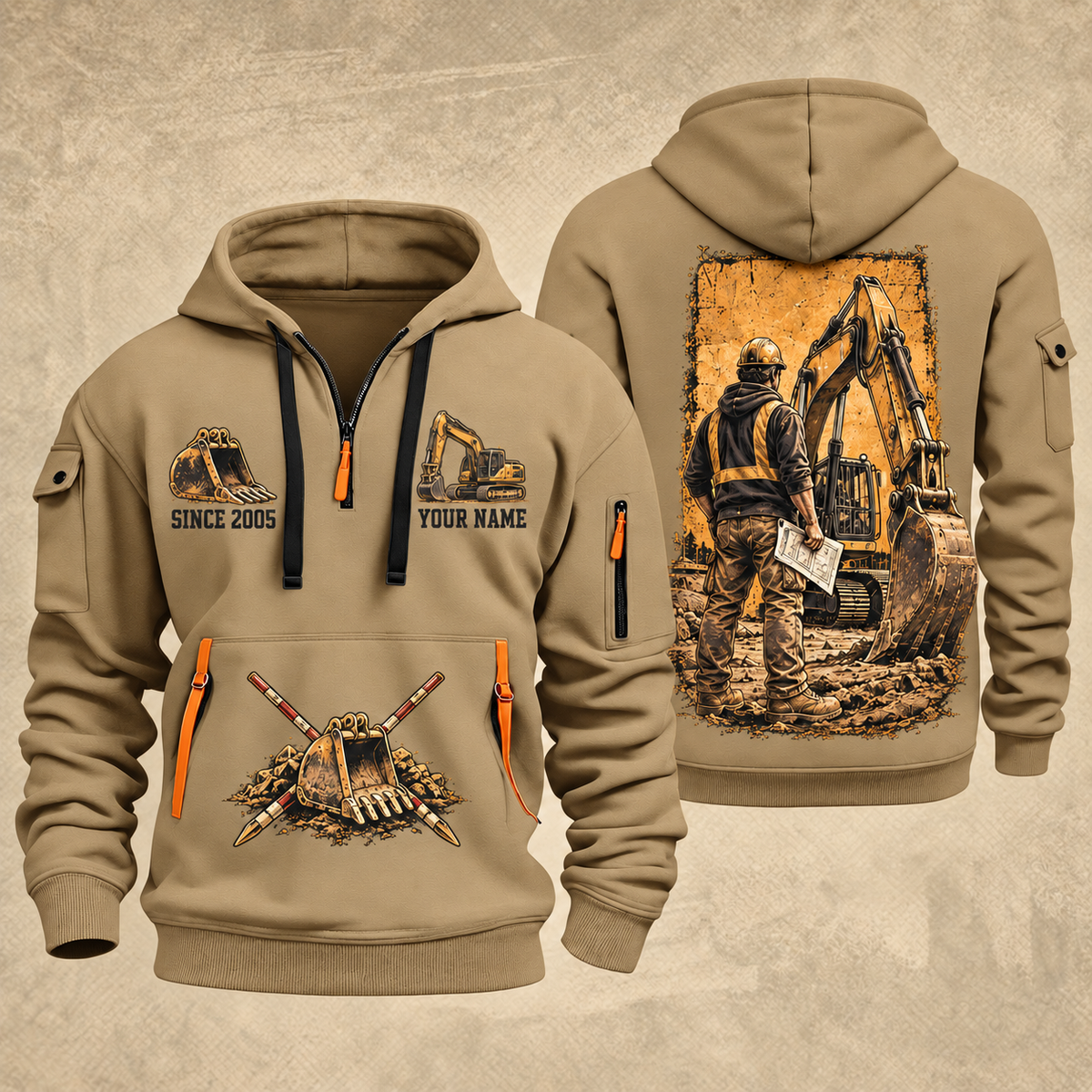 Excavator Operator Groundwork Portrait quarter-zip hoodie in Khaki, front and back, YOUR NAME and SINCE 2005 artwork